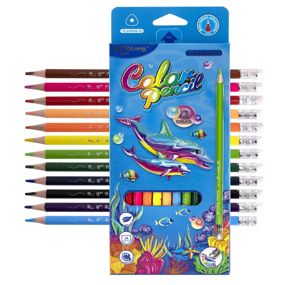 Карандаши цветные с ластиком Yalong 12 цв., "World water" деревянные, трехгранные, заточенные, грифель 3.0 мм, картон. уп., европодвес