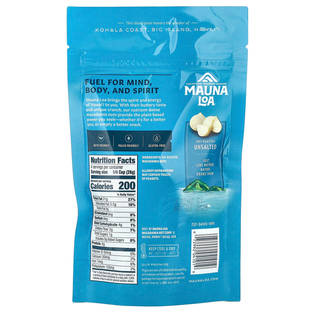 Mauna Loa, Макадамия сухой обжарки, несоленая, 113 г (4 унции)