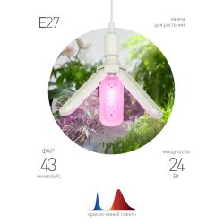 Фитолампа для растений светодиодная ЭРА FITO-24W-RB-E27-FOLD 3-х лепестковая красно-синего спектра 24 Вт Е27