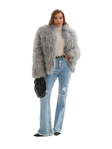 Серая короткая шуба из меха ламы