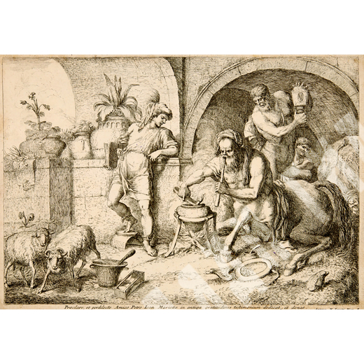 Дзанетти А. М., Дзомпини Г. Кентавр Хирон учит Ахилла искусству магии. Бумага, офорт. Венеция. 1758.