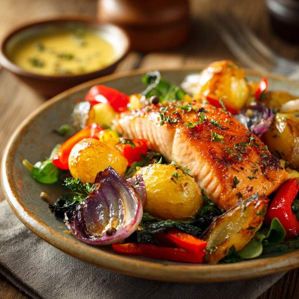 Тёплый салат с лососем и запечённым картофелем