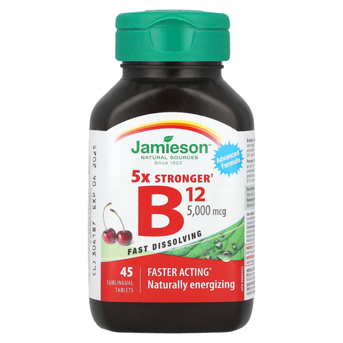Jamieson Vitamins, 5X Stronger Vitamin B12, натуральная вишня, 5000 мкг, 45 сублингвальных таблеток