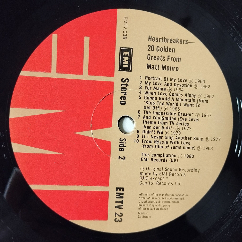 Винтажная виниловая пластинка LP Heart Breakers 20 Golden Greats From Matt Monro (UK 1980)
