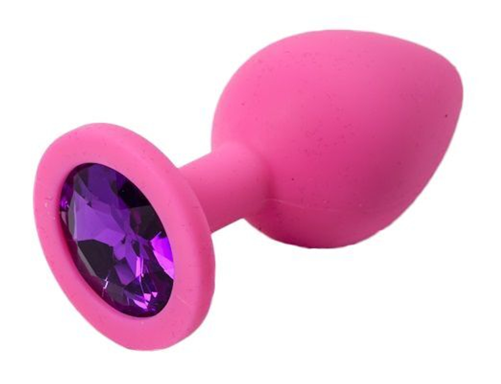 Розовая силиконовая пробка с фиолетовым кристаллом - 8,2 см.