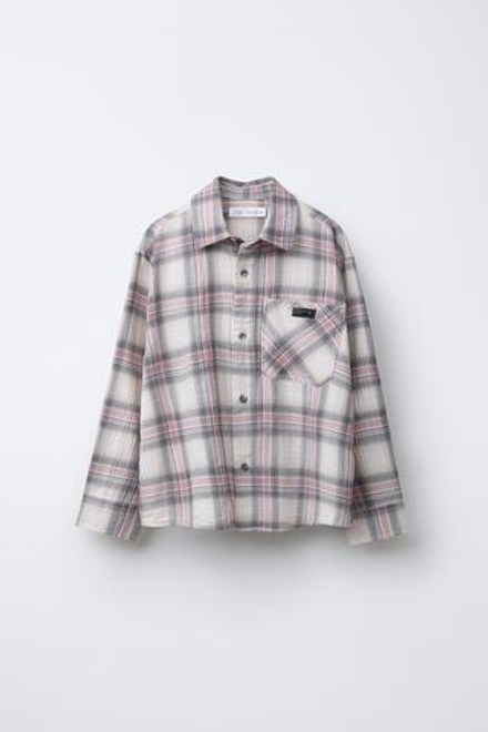 ZARA РУБАШКА В КЛЕТКУ С НАШИВКОЙ, БЕЖЕВЫЙ