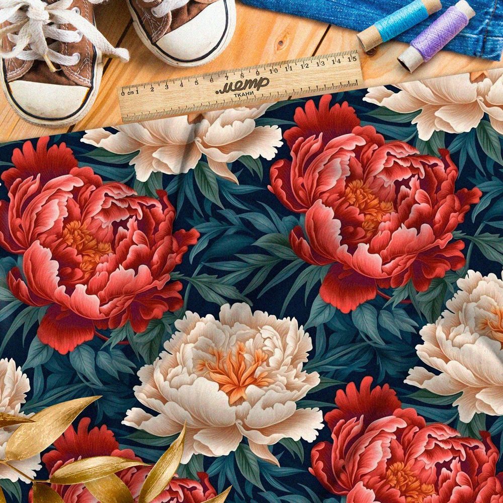 Ткань премиум флис пионы на сероголубых листьях
