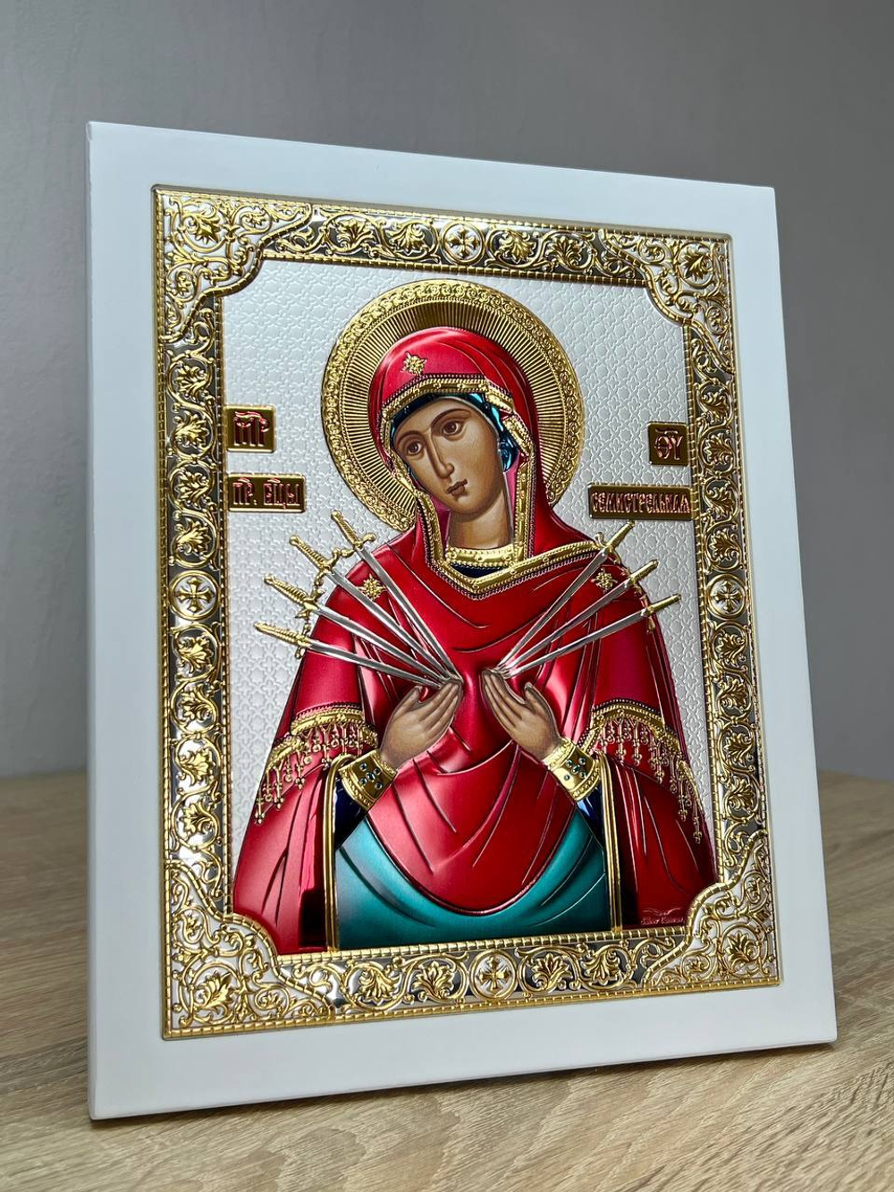 Семистрельная БМ, икона прямоугольная с рамкой, белое дерево, эмаль 210х260