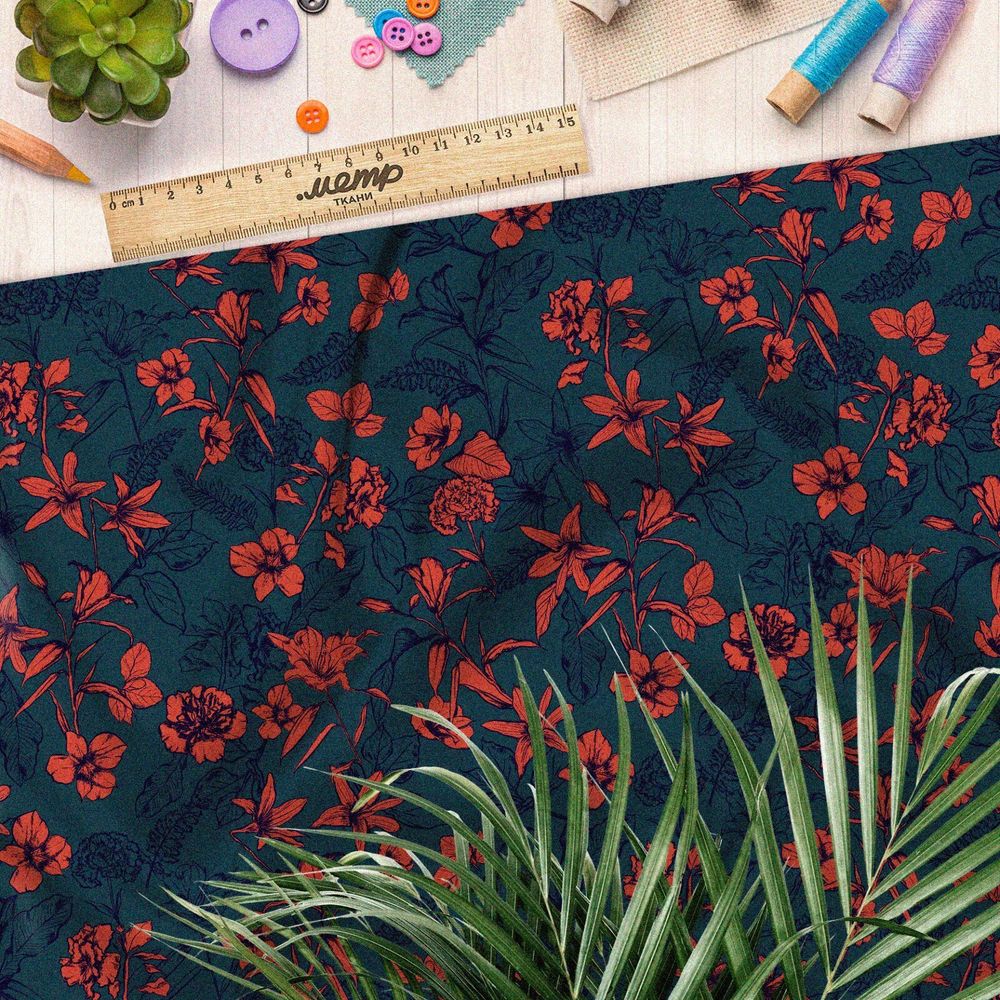 Ткань блэкаут красные цветы узорные