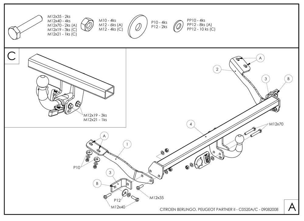 Фаркоп оцинкованный Galia C052A для Peugeot Partner 2008-, Citroen Berlingo 2008-(паспорт и сертификат в комплекте)(без электрики)