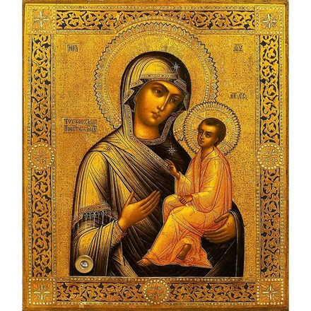 Тихвинская икона Божьей Матери на доске с мощевиком.
