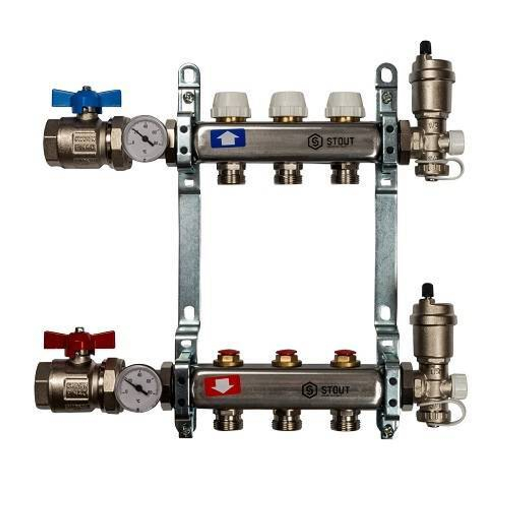 Коллекторная группа для радиаторного отопления STOUT SMS0912 - 1" на 3 контура 3/4"EK (нерж.сталь)