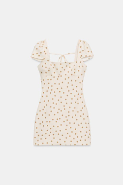 ZARA МИНИ-ПЛАТЬЕ В ГОРОШЕК С ЗАВЯЗКАМИ НА СПИНЕ, ЭКРЮ/КОРИЧНЕВЫЙ