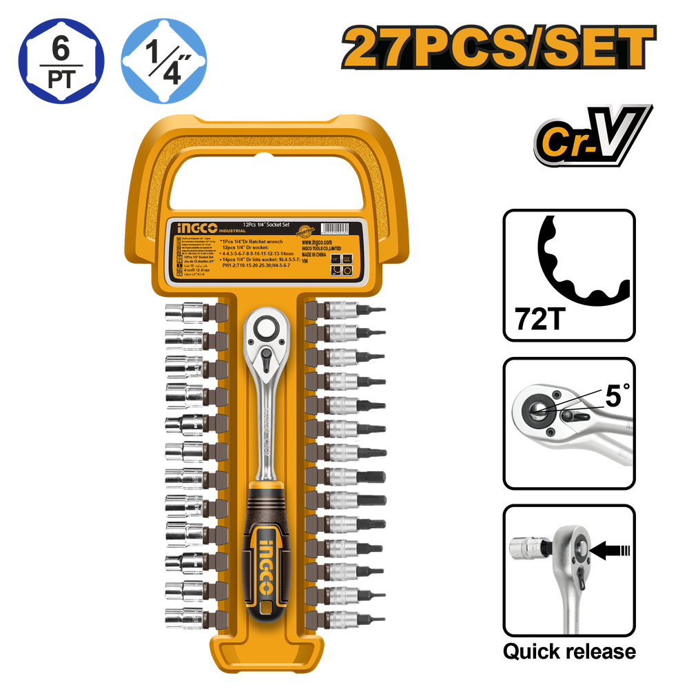 Набор торцевых головок с трещоткой INGCO HKTS14271 INDUSTRIAL 1/4&quot; 4-14 мм 27 шт.