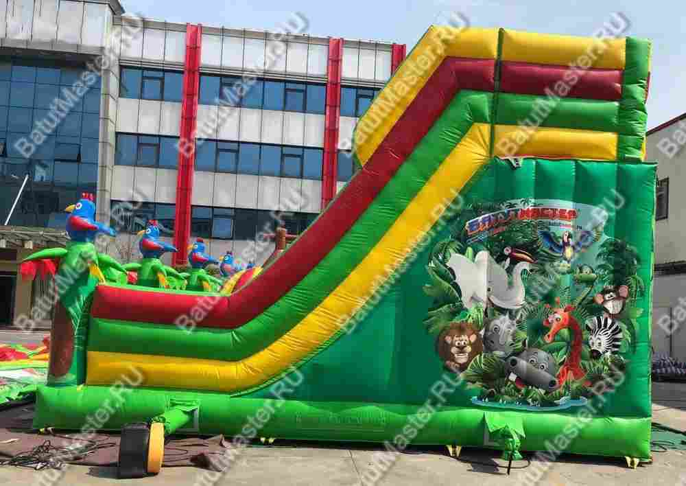 Надувной батут "Джунгли малый" с птичками на столбиках, размер 10*7*5 м