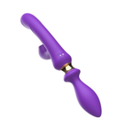 Фиолетовый двусторонний вибромассажёр с клиторальным отростком - 30 см. (Цвет: фиолетовый)