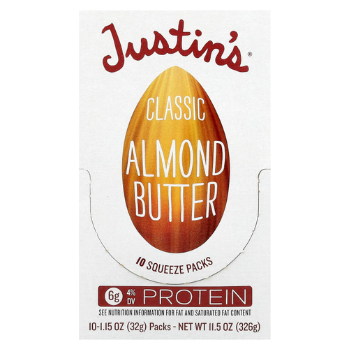Justin's Nut Butter, Классическое миндальное масло, полностью натуральное, 10 пакетиков, 1.15 унций (32 г) /шт.