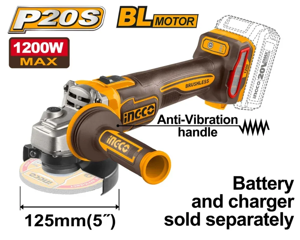 Аккумуляторная угловая шлифовальная машина (УШМ) INGCO CAGLI212027 INDUSTRIAL 20 В 125 мм