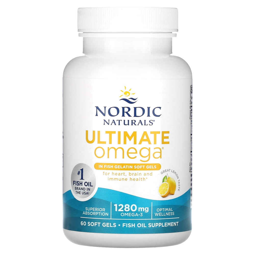 Nordic Naturals, Ultimate Omega, высокоэффективные омега-3 кислоты, со вкусом лимона, 60 капсул из рыбьего желатина (640 мг в 1 капсуле)