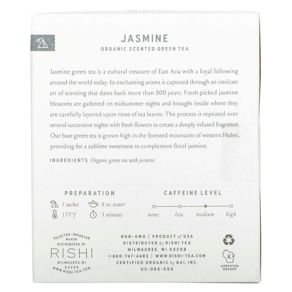 Rishi Tea, Органический ароматизированный зеленый чай, жасмин, 15 пакетиков, 36 г (1,26 унции)