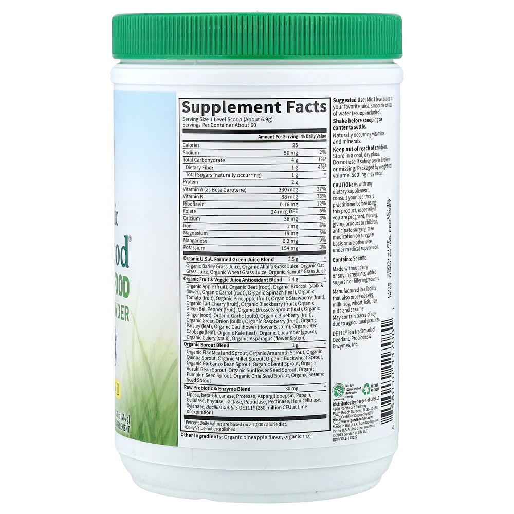 Garden of Life, Raw Organic Perfect Food®, зеленый суперфуд, порошок из сочной зелени, оригинальный вкус, 414 г (14,6 унции)
