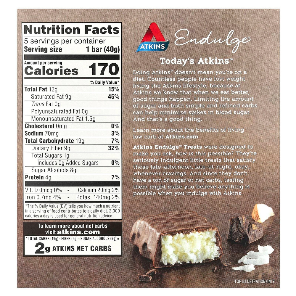 Atkins, Endulge ™, Treat, шоколадно-кокосовый батончик, 5 батончиков, 40 г (1,41 унции)