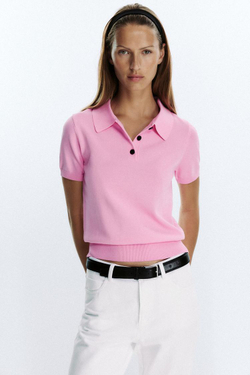 ZARA ТРИКОТАЖНЫЙ ТОП-ПОЛО С КОРОТКИМИ РУКАВАМИ, МЯГКИЙ РОЗОВЫЙ