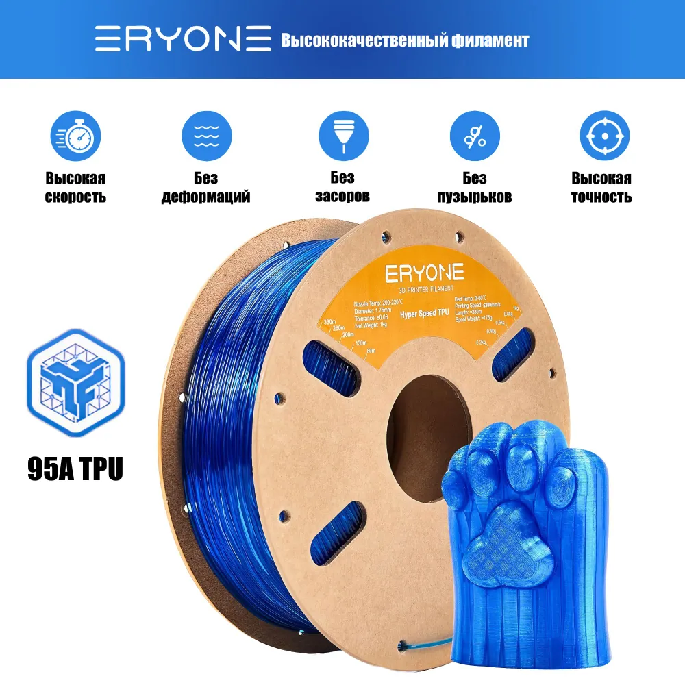 Пластик Hyper Speed TPU 1.75mm, 1KG Transparent Blue (полупрозрачный синий)