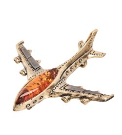 AM-1898 Брошь «Самолет Трэвел» (латунь, янтарь)