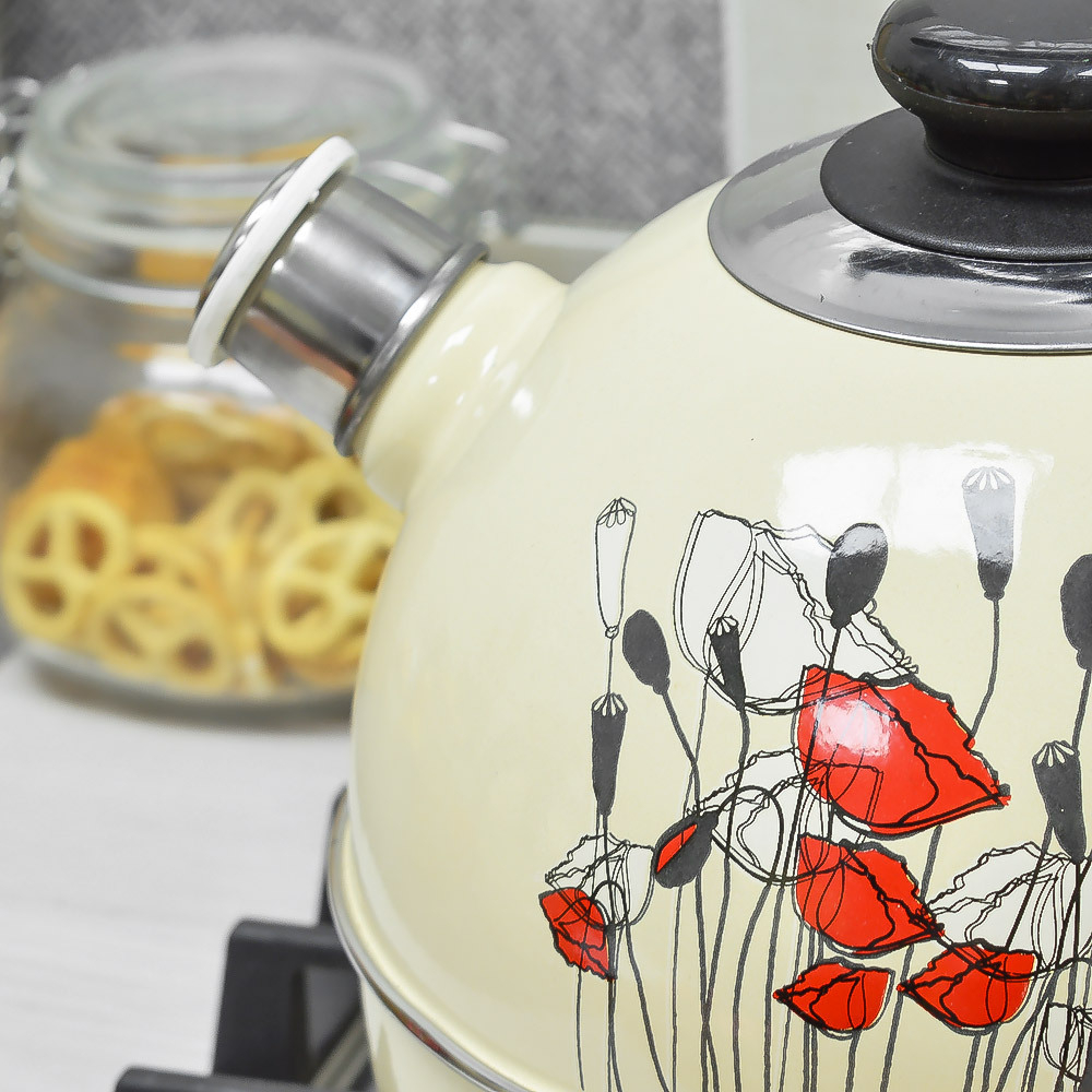 Чайник 4л со свистком, консольная ручка, слоновая кость "Полевые маки"