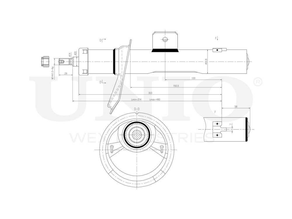 Амортизатор масляный передней подвески левый UNIO SAB-20006