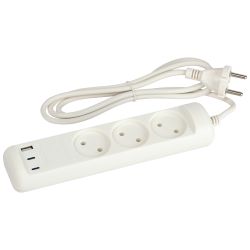 Удлинитель электрический ЭРА U-3-1,5m-USB-W 3 розетки + 3xUSB A+C 1,5м 10А белый | Бытовые удлинители