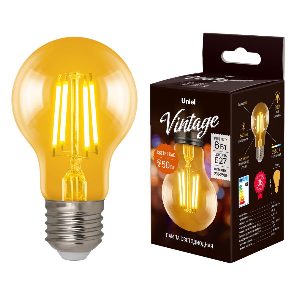 LED-A60-6W-GOLDEN-E27 GLV21GO Лампа светодиодная Vintage. Форма A. золотистая колба. Картон. ТМ Uniel