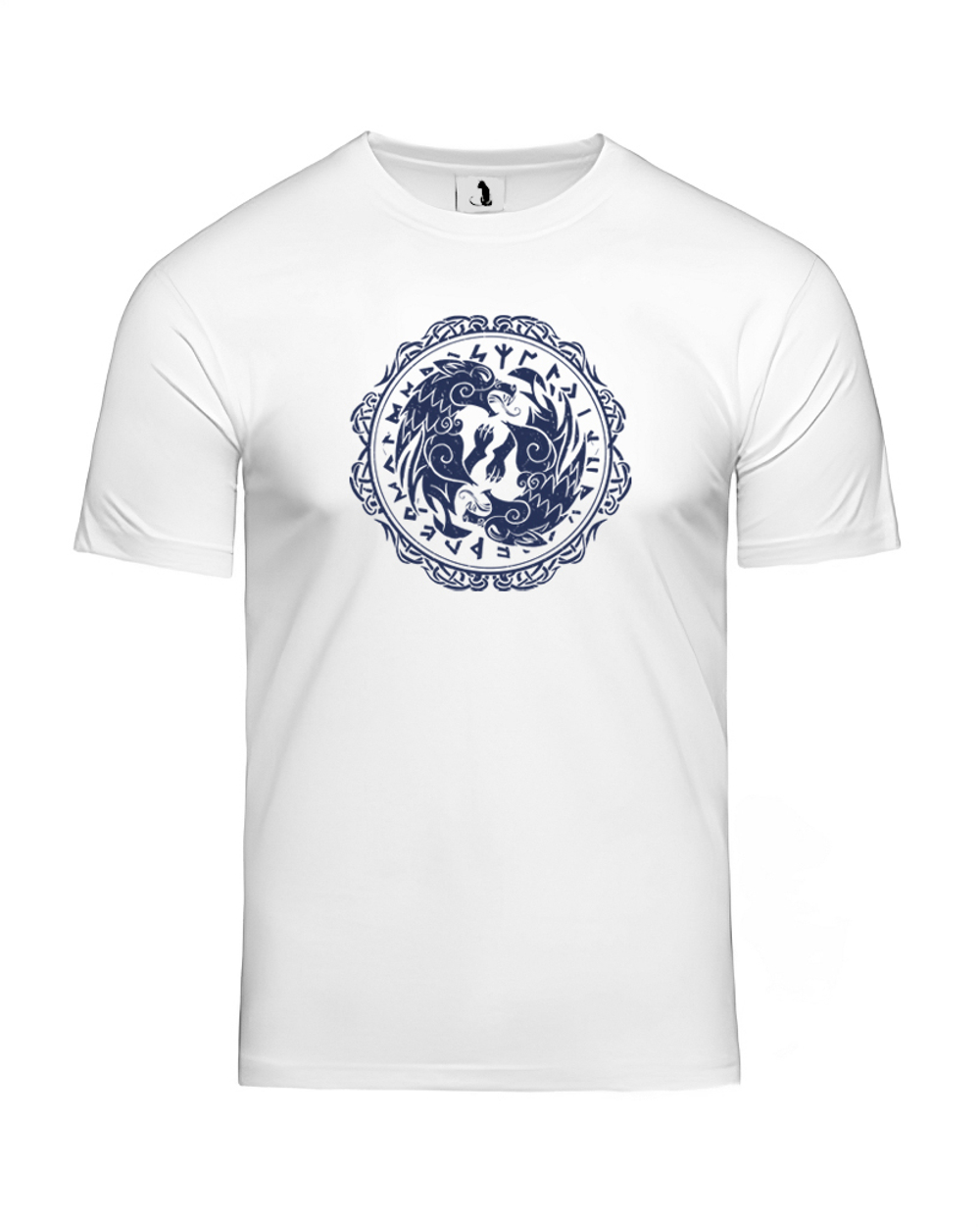 Скандинавская футболка с волком и рунами unisex белая с синим рисунком