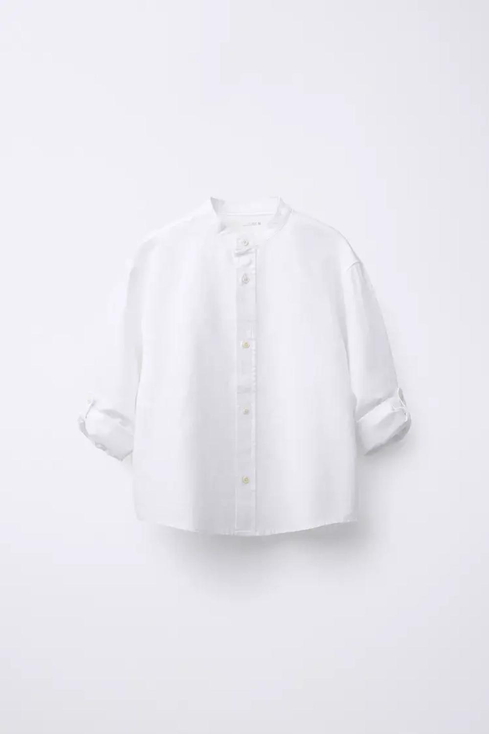 ZARA РУБАШКА ИЗ СМЕСОВОГО ЛЬНА С ВОРОТНИКОМ-СТОЙКОЙ, БЕЛЫЙ