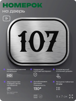 Номерок на дверь квартиры 107, для кабинета, офиса, шильдик 9 х 7 см, серебристый, Айдентика Технолоджи