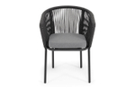 "Марсель" стул плетеный из роупа, каркас алюминий черный муар, роуп темно-серый круглый, ткань темно-серая 027