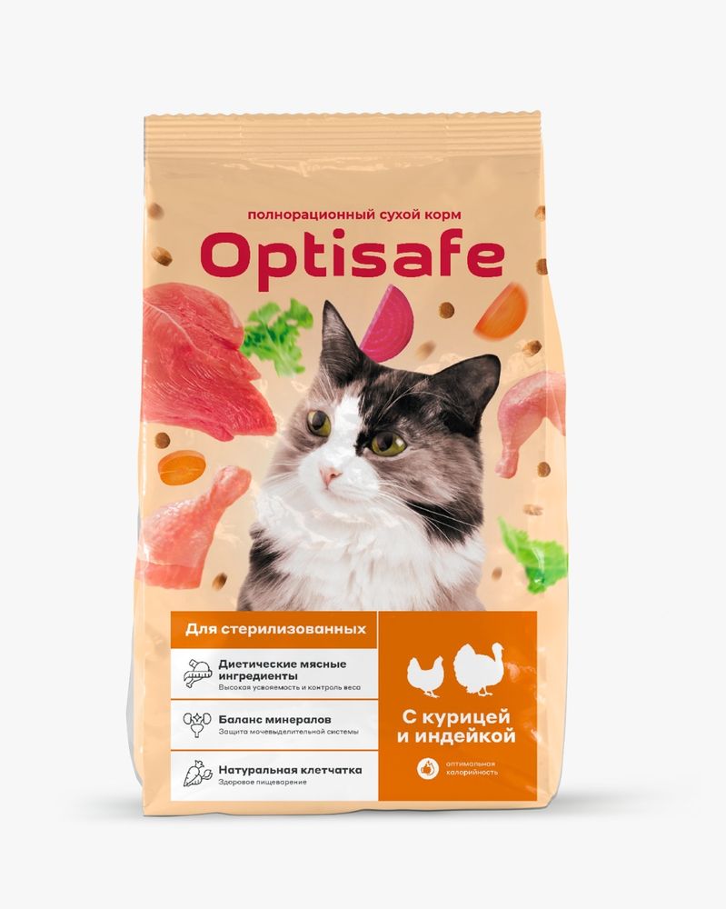 Optisafe корм сухой для кастрированных и стерилизованных кошек индейка, курица