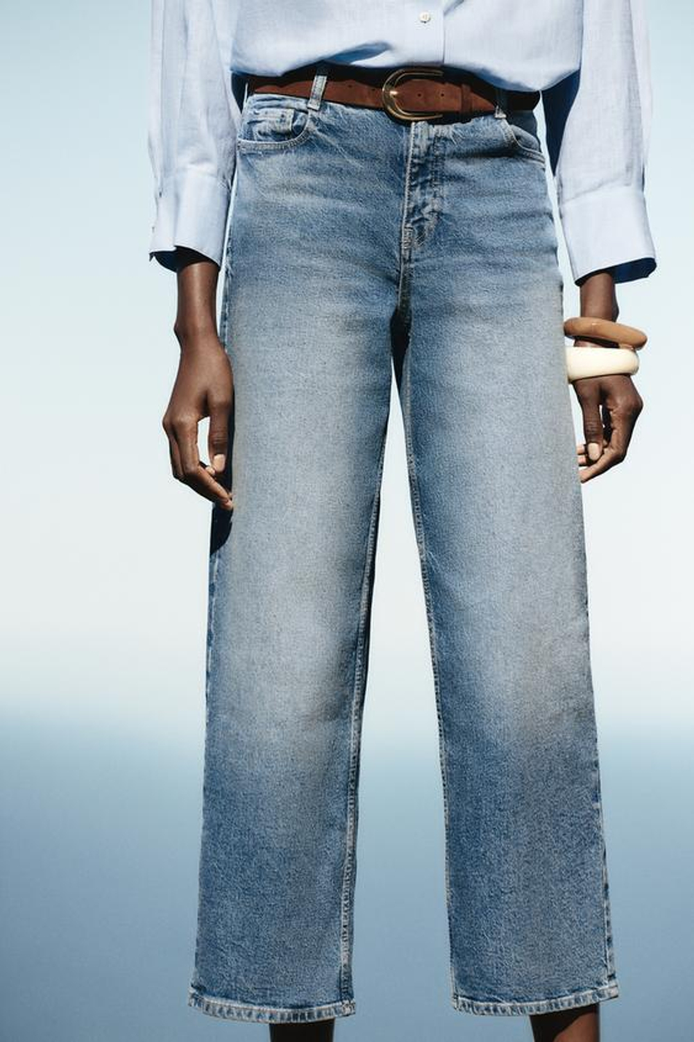 ZARA ДЖИНСЫ-КЮЛОТЫ Z1975 С ВЫСОКОЙ ПОСАДКОЙ И РЕМНЕМ, ВЫЦВЕТШИЙ СИНИЙ