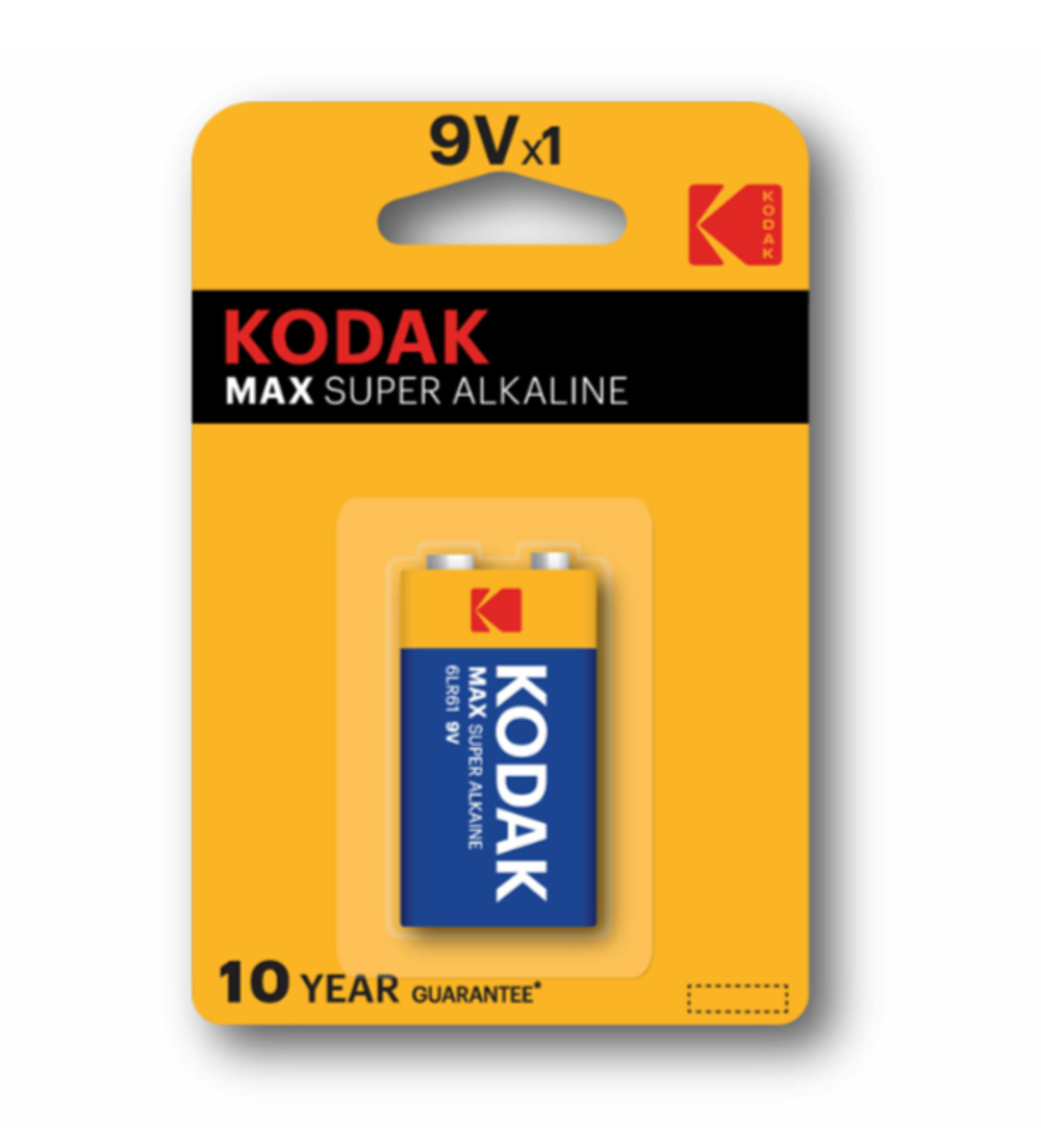 Батарейка алкалиновая 1 шт. KODAK Max Super Alkaline, Крона 9V (6LR61, 6LF22, 1604A), блистер