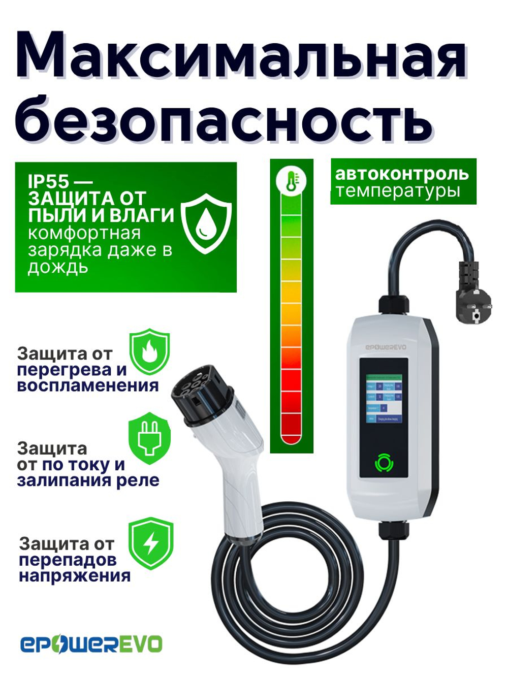 Зарядное устройство для электромобиля TYPE-2, 3,5 кВт, 8-10-13-16A, 220В, WiFi, кабель 5 м, сумка