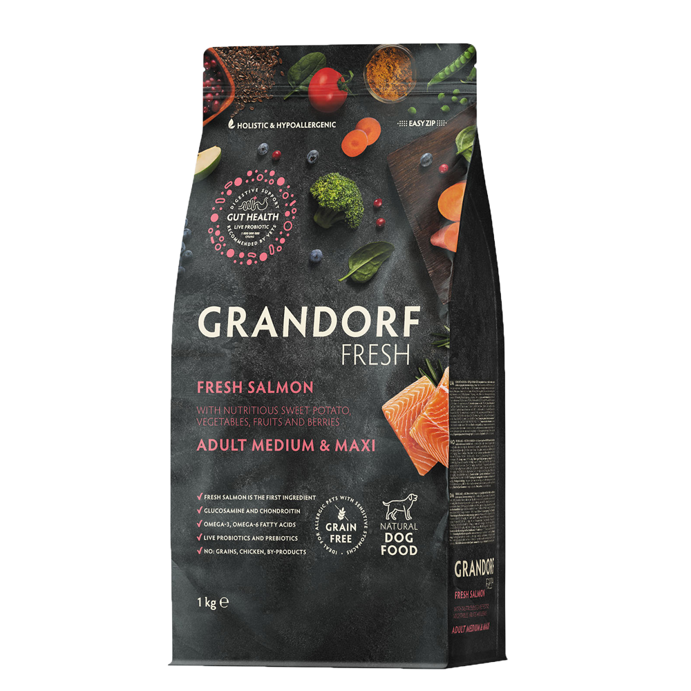 GRANDORF FRESH Salmon & Potato Medium&Maxi - лосось & батат для средних, крупных собак от 1 года (Биоразлагаемая упаковка)
