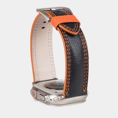 Ремешок для Apple Watch Ultra 49mm из кожи Saffiano черного цвета с оранжевой строчкой