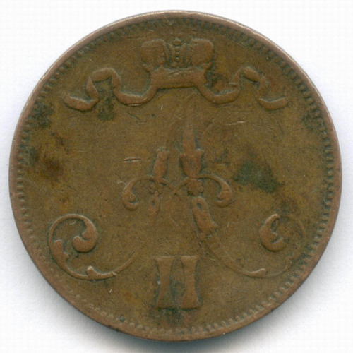 5 пенни 1875 год. Россия для Финляндии (Вензель Александра II). F-