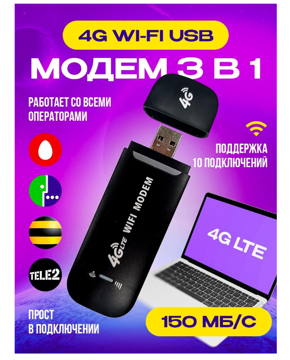 Беспроводной Usb модем/Wi-Fi роутер LTE 4g 150 Mb (разблокированный)