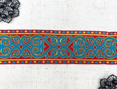 Тесьма жаккард, ш. 5 см, красный с бирюзой