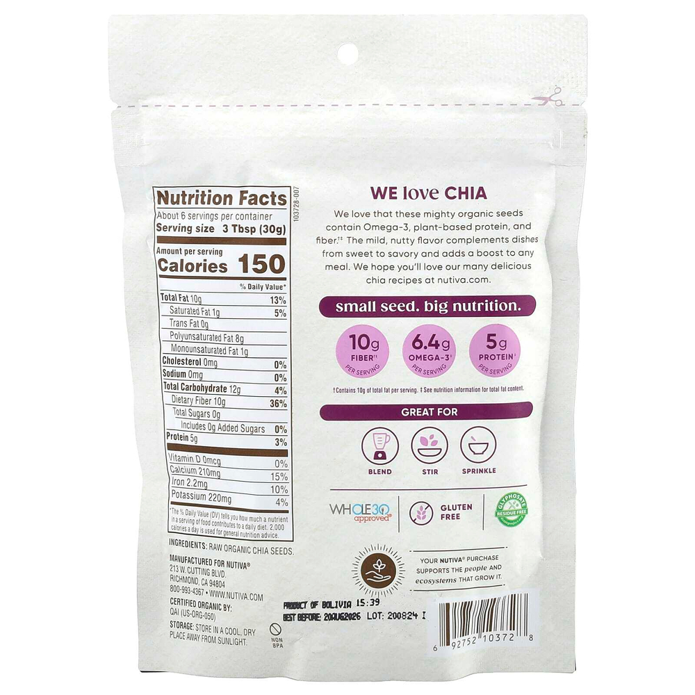 Nutiva, органические семена чиа, 170 г (6 унций)
