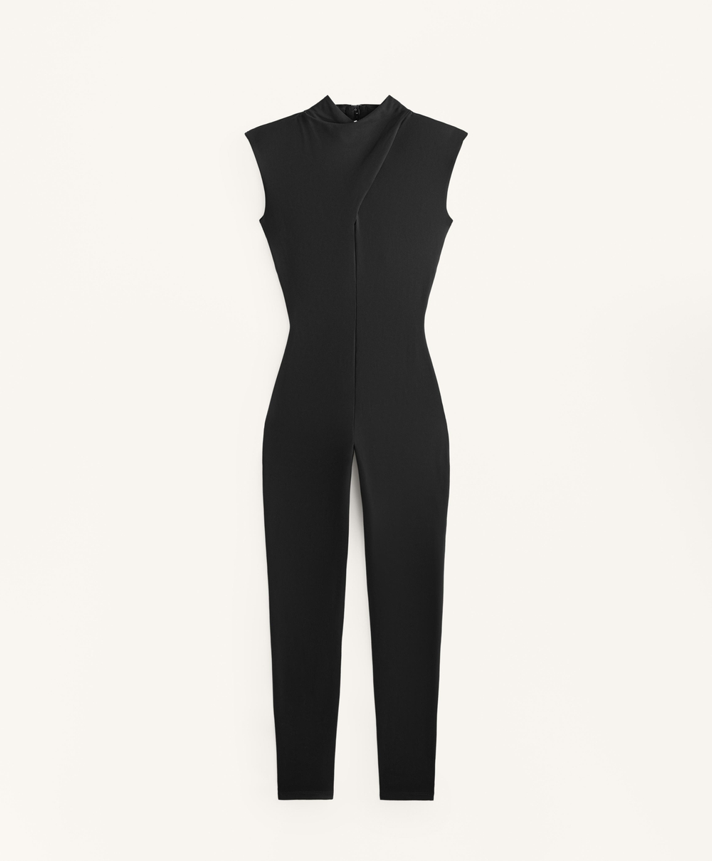 Oysho Длинный комбинезон Comfortlux с драпированным воротником, черный