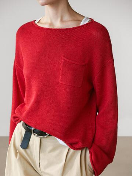 Massimo Dutti Свитер из хлопкового и льняного трикотажа с карманом, красный