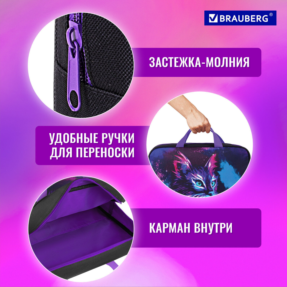 Папка на молнии с ручками BRAUBERG А4 1 отделение полиэстер 80 мм "Neon cat" (2 штуки в упаковке)